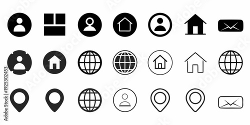 Collection of black and white circular icon designs for various functions