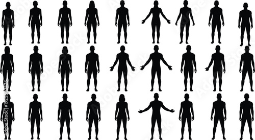 Diverse collection of male and female human body silhouettes in various standing poses and anatomical positions for medical and social icons