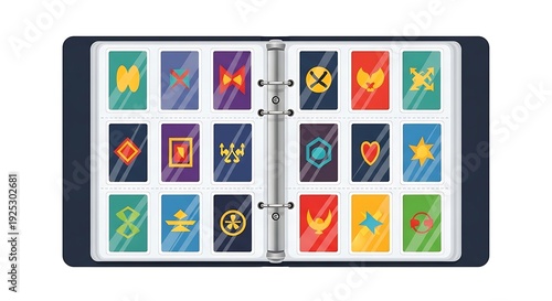 Trading Card Collection Binder with Protective Sleeves and Colorful Game Cards - Flat Vector Hobby Illustration