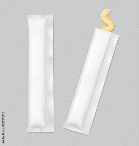 Cat treat lickable creamy snack packaging mockup. Vector illustration isolated on grey background. Can be use for template your design, presentation, promo, ad. EPS10.