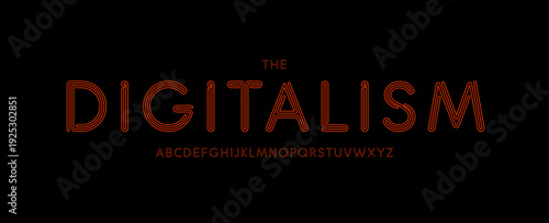 Red retro logo font, multiline lines techno alphabet. Striped vintage typeface for nightlife contour synthwave headline, music poster, cyberpunk UI, 80s party flyer, sci-fi display. Vector typography