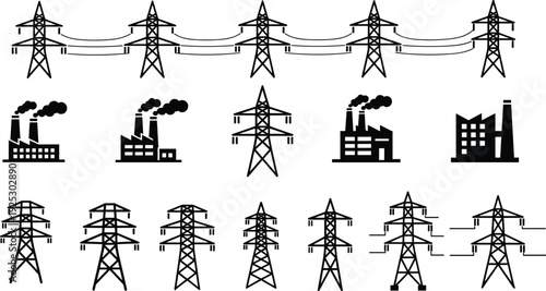 High Voltage Electric Transmission Pylon Towers and Industrial Power Plant Factory Buildings Set Isolated on White Background for Energy Infrastructure Design