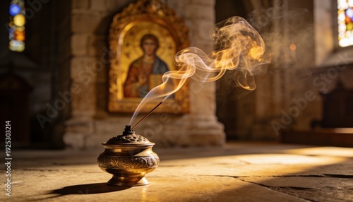 Serene evening worship scene featuring gilded icons and curling fragrant incense trails
