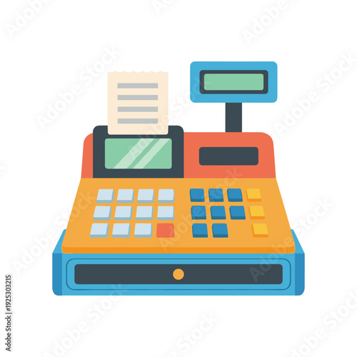 Modern cash register machine at retail checkout counter with receipt and display