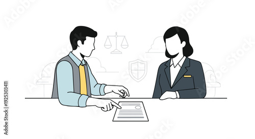 Illustration of a man and woman in business attire sitting at a table with a document and legal icons in the background.