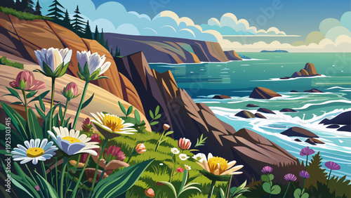 Very beautiful close-up coastal wildflowers blooming near Acadia’s rocky shores with Atlantic waves shimmering behind.

