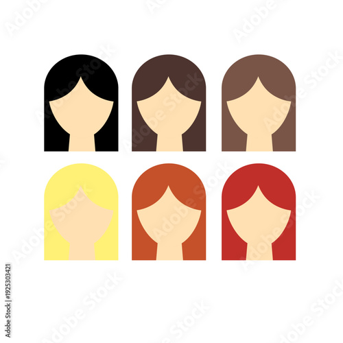 Stylized female head silhouette in minimalist vector style, featuring light skin tone and visible neck, with diverse hair color variations.