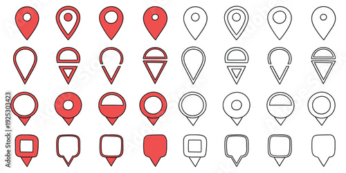Hand-drawn cartoon and doodle set of map pin icons on a white background.