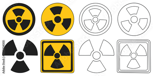 Hand-drawn cartoon and doodle set of nuclear radiation signs on a white background.