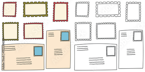 Hand-drawn cartoon and doodle set of envelopes and postage stamps on a white background.