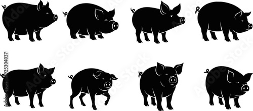 Pig silhouette collection, farm animal vector set, black pig icons isolated, livestock illustration, domestic swine graphic design