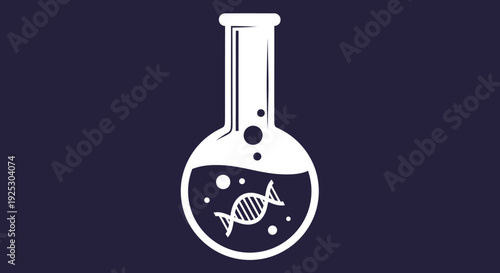 Laboratory equipment illustration featuring a flask with DNA and bubbles in a scientific setting