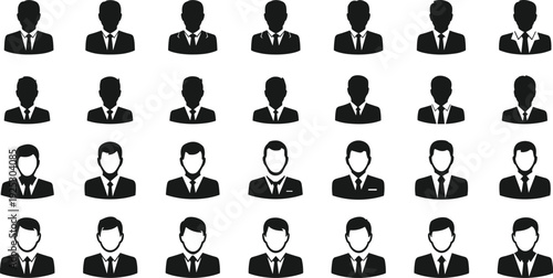 Professional business avatar icons collection featuring male office workers in suits and ties for corporate profile silhouettes and executive person symbols.