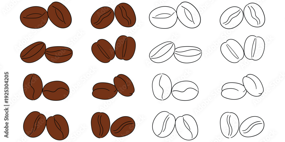Obraz premium Hand-drawn cartoon and doodle set of roasted coffee beans on a white background.