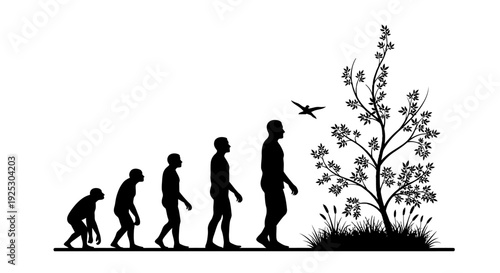 Evolutionary Journey of Humans Walking through Nature with Plants and Birds in the Background Scene