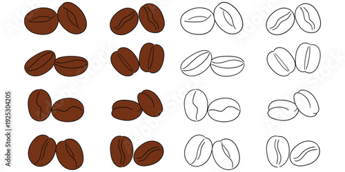 Hand-drawn cartoon and doodle set of roasted coffee beans on a white background.