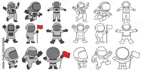 Hand-drawn cartoon and doodle set of astronauts on a white background.