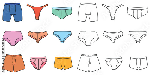 Hand-drawn cartoon and doodle set of men's and women's underwear on a white background.