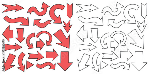 Hand-drawn cartoon and doodle set of arrows on a white background.