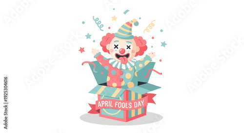 Playful April Fools Day illustration featuring a cute jack-in-the-box clown with colorful confetti and stars in a modern flat cartoon style.