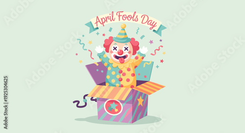 Playful April Fools Day illustration featuring a cute jack-in-the-box clown with colorful confetti and stars in a modern flat cartoon style.