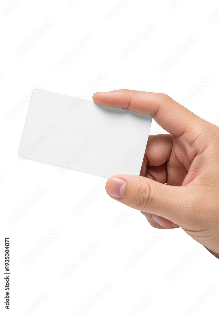 Obraz premium Hand holding a blank white business card isolated on transparent background