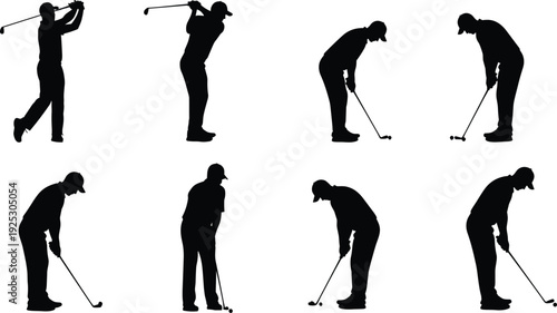 Professional golf player silhouettes set featuring male golfers in various swing poses, backswing, follow through, and putting stance vector illustration.