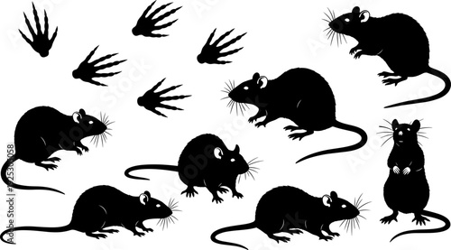 Rat silhouette set, mouse vector collection, rodent wildlife illustration, animal tracks, black silhouette design pack collection