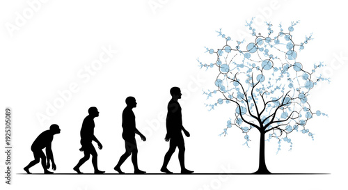 Evolutionary stages of human silhouettes walking towards a tree with blue branches vector illustration