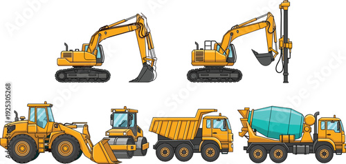 Construction Heavy Equipment Vector Set with Excavator, Bulldozer, Dump Truck, Concrete Mixer and Drilling Machine Industrial Vehicles Illustration