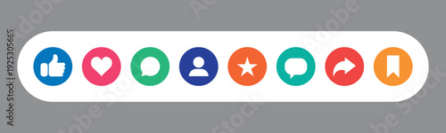 Colorful social media icons set with like, heart, comment, chat, user, star, share, and bookmark symbols. Modern flat design, ideal for web, mobile apps, and digital marketing concepts.