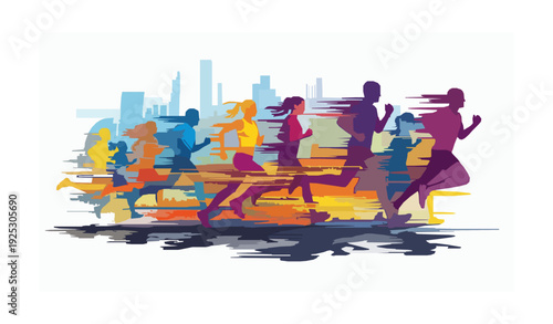 Modern Colorful Marathon Poster Design – Running People Silhouette Sport Vector Background