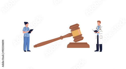 A female nurse and a male doctor stand on opposite sides of a large wooden judge's gavel and sound block, isolated on a white background.