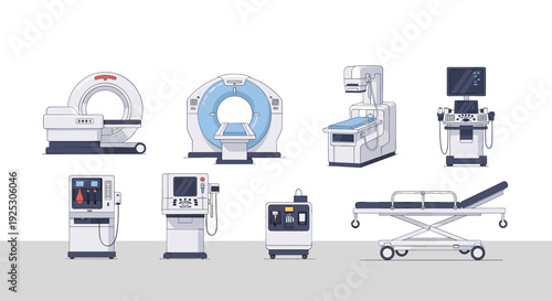 Ten modern medical devices, including MRI and CT scanners, an ultrasound machine, and a hospital bed, are arranged on a light gray floor.