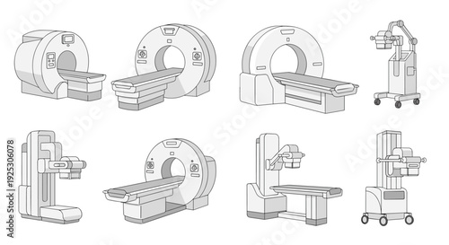 Eight outline-style medical diagnostic imaging machines, including MRI, CT scanners, and X-ray units, are arranged on a white background.