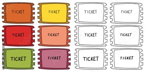 Hand-drawn cartoon and doodle set of tickets on a white background.