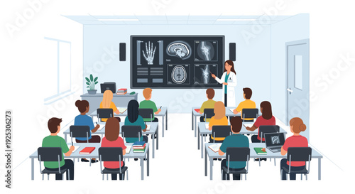 A female doctor teaches a class of diverse students about medical imaging, displaying brain and bone scans on a large screen in a classroom setting.