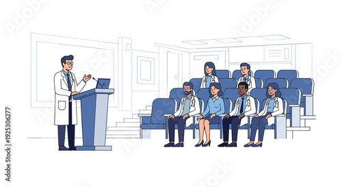 A male doctor in a white coat stands at a podium, addressing a diverse audience of medical professionals seated in a lecture hall.