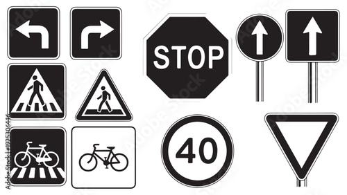 Minimalist road sign icons set for navigation and traffic control