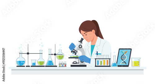 A female scientist in a white lab coat is examining a sample through a microscope at a laboratory bench with various equipment.