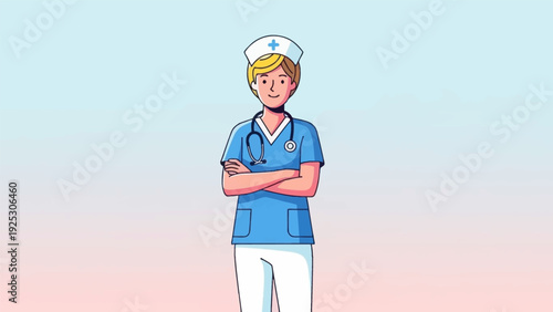 Smiling Female Nurse Character Illustration in Blue Scrubs. Confident Medical Professional Staff Vector Icon.