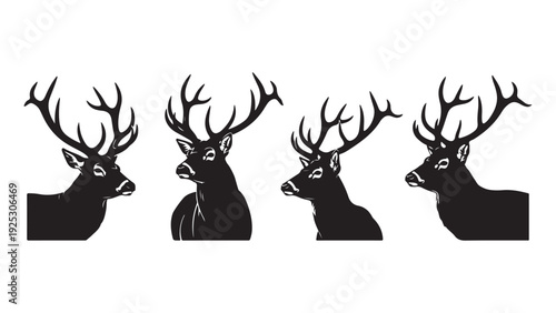 Four deer heads with antlers in silhouette style