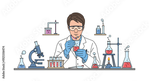 A male scientist in a white lab coat and safety goggles holds a beaker with red liquid, working at a colorful laboratory bench.