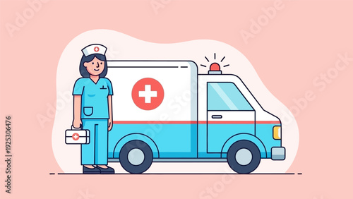 Flat Design Illustration of Female Nurse and Ambulance. Emergency Medical Services (EMS) and Healthcare Staff Ready to Provide Aid.
