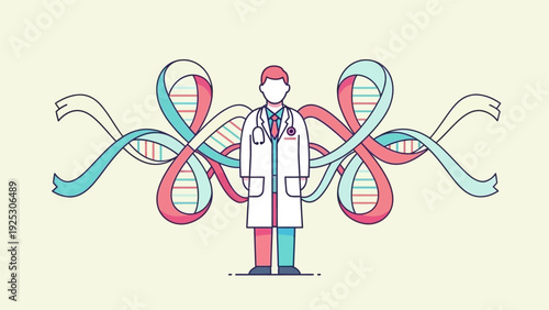 Doctor and DNA Structure Illustration. Genomic Medicine, Genetic Research, and Personalized Healthcare Concept in Flat Line Art Style.