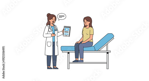 A female doctor in a white coat with a stethoscope shows a digital tablet to a female patient seated on an examination bed.