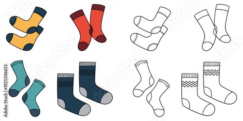 Hand-drawn cartoon and doodle set of warm socks on a white background.