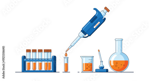 An automatic blue pipette dispenses an orange liquid drop into a test tube, presented with a test tube rack, beaker, and flask, all containing orange chemical solutions.
