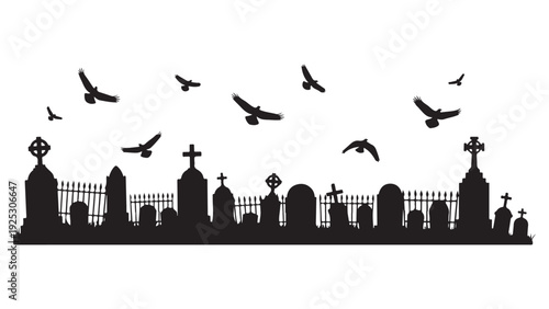 Silhouette cemetery with flying birds and gravestones