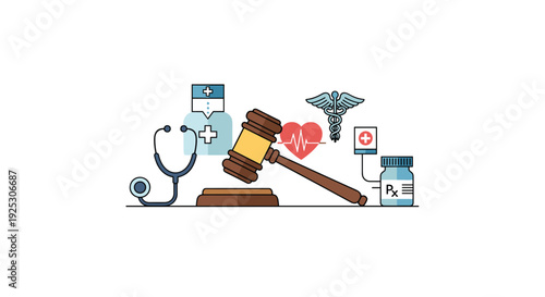 A brown judge's gavel is centrally featured, surrounded by medical icons including a stethoscope, doctor, caduceus, heart with pulse, and a medicine bottle.